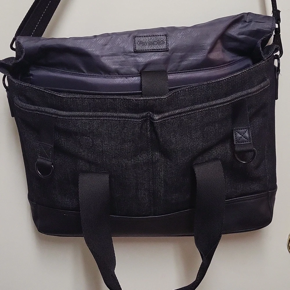 Solo NY Black Denim and PU Leather Laptop Messenger Bag